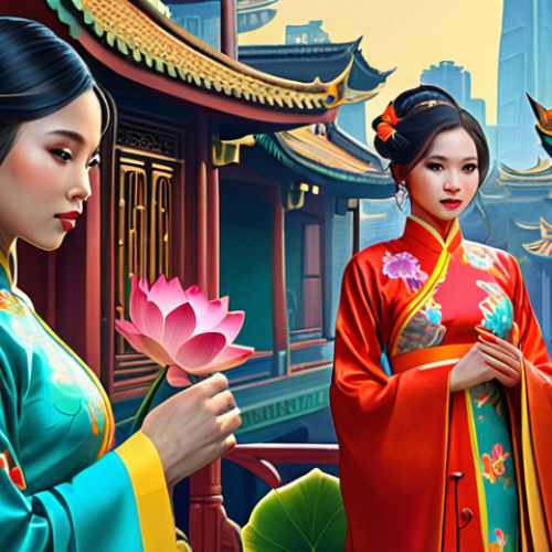 Home 23 Prompt: Digital painting inspired by Vietnamese silk paintings, vibrant colors, traditional ao dai, stylized lotus flowers, futuristic cityscape background, ethereal lighting, Art Nouveau elements, trending on ArtStation.