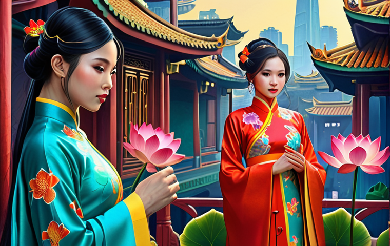 Prompt: Digital painting inspired by Vietnamese silk paintings, vibrant colors, traditional ao dai, stylized lotus flowers, futuristic cityscape background, ethereal lighting, Art Nouveau elements, trending on ArtStation.