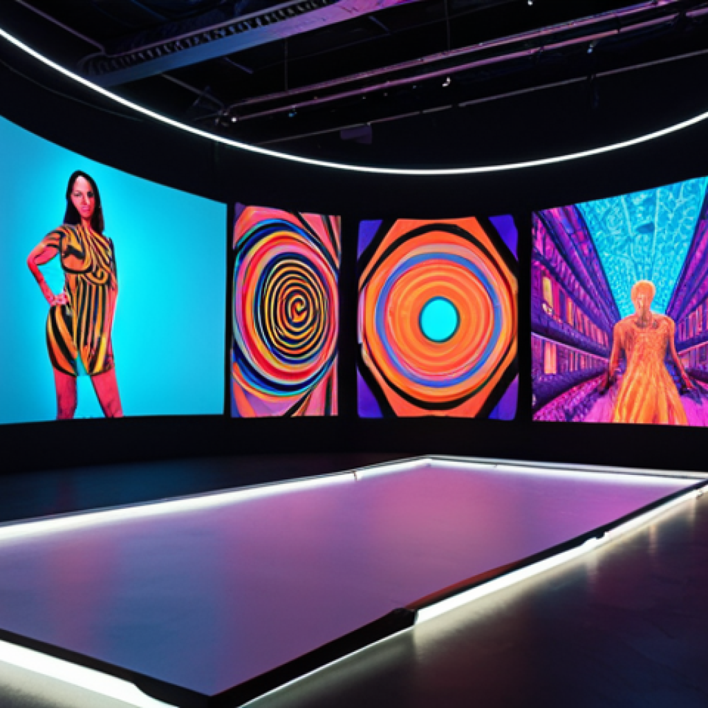**

A vibrant and dynamic digital art exhibition space, showcasing various digital artworks on screens and projections. Focus on modern design, user interaction, and the overall atmosphere of a cutting-edge art event, incorporating VR/AR elements.

**