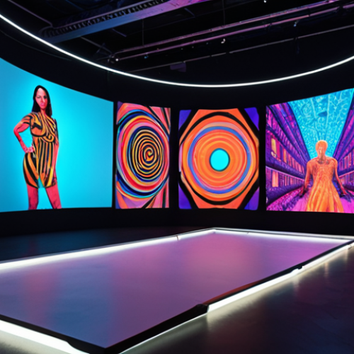Home 22 **
A vibrant and dynamic digital art exhibition space, showcasing various digital artworks on screens and projections. Focus on modern design, user interaction, and the overall atmosphere of a cutting-edge art event, incorporating VR/AR elements.
**
