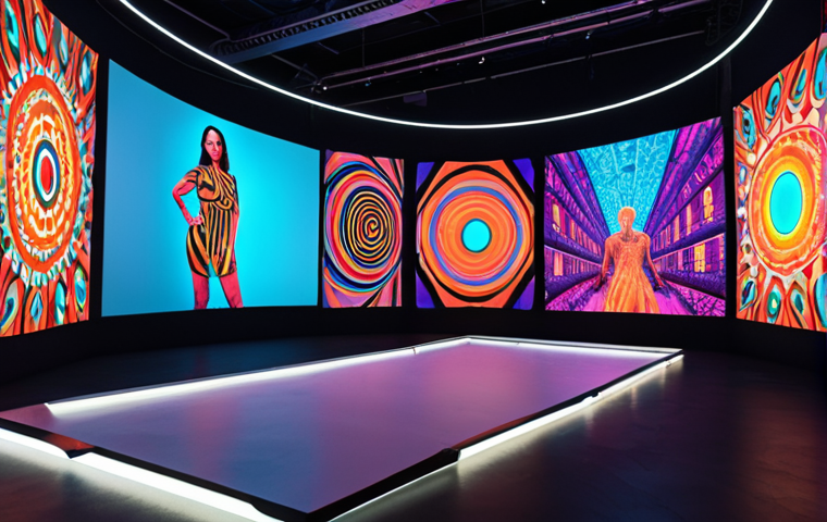 **
A vibrant and dynamic digital art exhibition space, showcasing various digital artworks on screens and projections. Focus on modern design, user interaction, and the overall atmosphere of a cutting-edge art event, incorporating VR/AR elements.
**