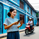 A professional Vietnamese female artist in a modest, modern tunic and trousers, standing on a bustling Ho Chi Minh City street, holding a smartphone. Through her phone's screen, an intricate, vibrant 3D augmented reality graffiti artwork appears to be projected onto the aged wall of a traditional building, blending seamlessly with the real architecture. The artwork features glowing lines and abstract geometric patterns, reflecting a futuristic digital art style. The background includes street vendors and passing motorbikes, under bright daylight. fully clothed, appropriate attire, safe for work, perfect anatomy, correct proportions, well-formed hands, natural body proportions, professional photography, high quality, family-friendly content.