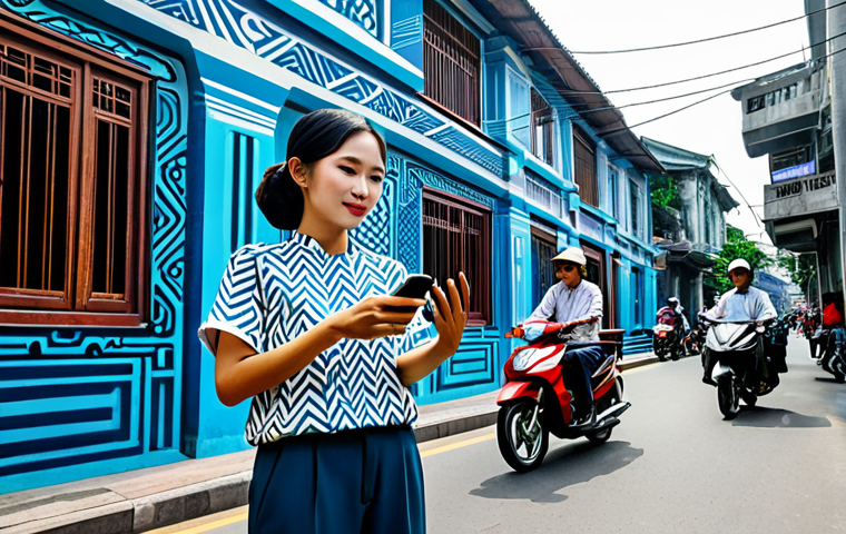 A professional Vietnamese female artist in a modest, modern tunic and trousers, standing on a bustling Ho Chi Minh City street, holding a smartphone. Through her phone's screen, an intricate, vibrant 3D augmented reality graffiti artwork appears to be projected onto the aged wall of a traditional building, blending seamlessly with the real architecture. The artwork features glowing lines and abstract geometric patterns, reflecting a futuristic digital art style. The background includes street vendors and passing motorbikes, under bright daylight. fully clothed, appropriate attire, safe for work, perfect anatomy, correct proportions, well-formed hands, natural body proportions, professional photography, high quality, family-friendly content.