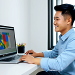 A focused young Vietnamese male designer, wearing a modest, stylish casual shirt and trousers, sitting at a clean, modern desk. His laptop screen displays a complex 3D model being worked on in Blender. The environment is well-lit with natural light, featuring minimalistic decor and a subtle hint of vibrant Vietnamese art on the wall. He is gently smiling, looking at the screen with a contemplative expression. Professional photography, high resolution, detailed, realistic, fully clothed, modest clothing, appropriate attire, safe for work, appropriate content, family-friendly, perfect anatomy, correct proportions, natural pose, well-formed hands, proper finger count, natural body proportions.
