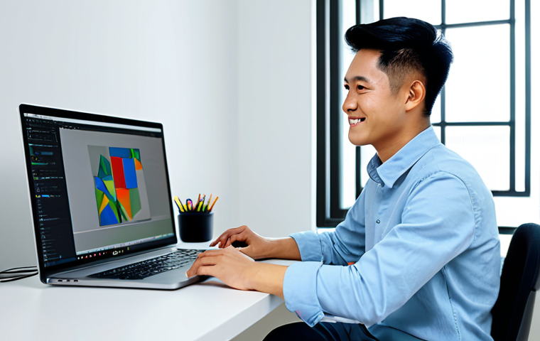 A focused young Vietnamese male designer, wearing a modest, stylish casual shirt and trousers, sitting at a clean, modern desk. His laptop screen displays a complex 3D model being worked on in Blender. The environment is well-lit with natural light, featuring minimalistic decor and a subtle hint of vibrant Vietnamese art on the wall. He is gently smiling, looking at the screen with a contemplative expression. Professional photography, high resolution, detailed, realistic, fully clothed, modest clothing, appropriate attire, safe for work, appropriate content, family-friendly, perfect anatomy, correct proportions, natural pose, well-formed hands, proper finger count, natural body proportions.