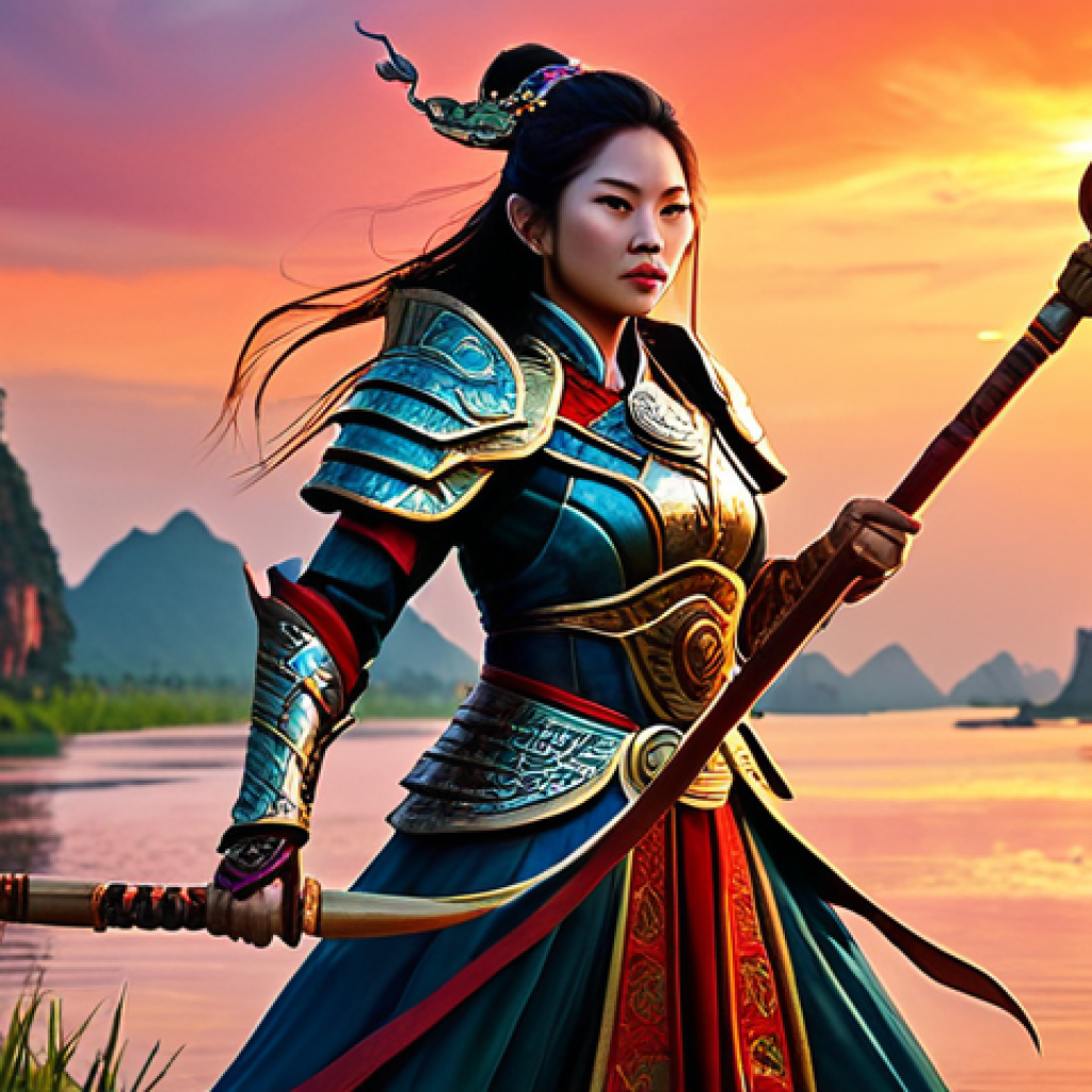 **Fantasy Card Art:** "A powerful sorceress in elaborate, traditional Vietnamese-inspired &aacute;o d&agrave;i armor, wielding a staff crackling with magical energy, set against a backdrop of the Red River Delta at sunset, dramatic lighting, digital painting, vibrant colors, fantasy illustration."