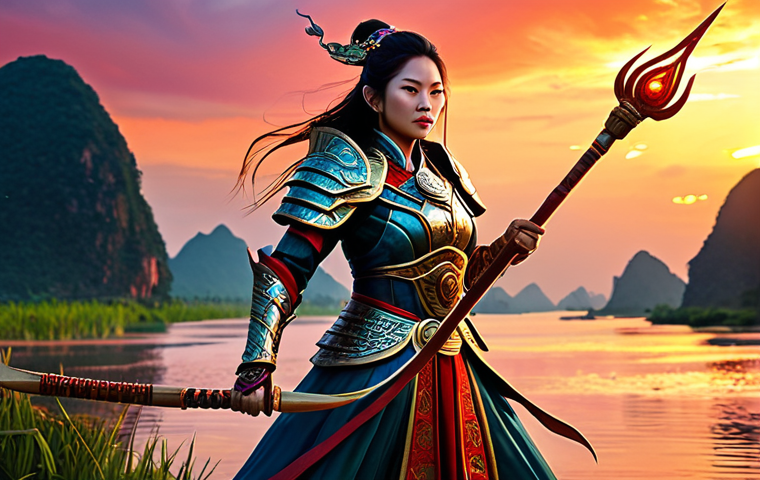 **Fantasy Card Art:** "A powerful sorceress in elaborate, traditional Vietnamese-inspired &aacute;o d&agrave;i armor, wielding a staff crackling with magical energy, set against a backdrop of the Red River Delta at sunset, dramatic lighting, digital painting, vibrant colors, fantasy illustration."
