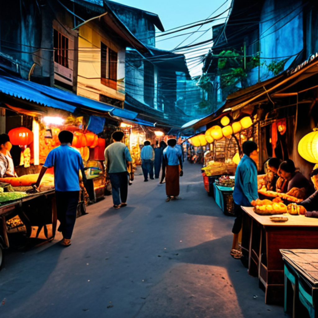 **Prompt:** Digital painting of a vibrant Vietnamese street market at dusk, lanterns casting warm light on vendors in *&aacute;o b&agrave; ba*, creating long shadows. Focus on the interplay of light and shadow. *Safe for work*, professional quality, perfect anatomy, correct proportions, natural pose, appropriate content, fully clothed, modest clothing.
