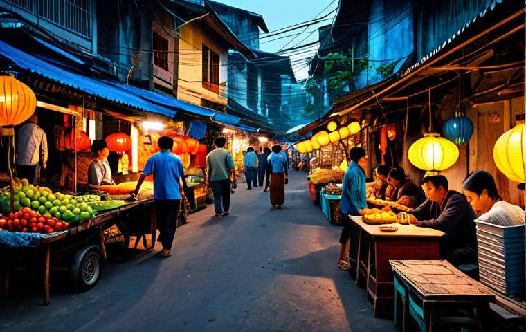 **Prompt:** Digital painting of a vibrant Vietnamese street market at dusk, lanterns casting warm light on vendors in *&aacute;o b&agrave; ba*, creating long shadows. Focus on the interplay of light and shadow. *Safe for work*, professional quality, perfect anatomy, correct proportions, natural pose, appropriate content, fully clothed, modest clothing.