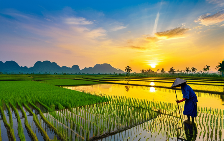 디지털아트에서 조명의 중요성 - Peaceful Sunset Landscape**

"A serene rice paddy field at sunset in the Mekong Delta, Vietnam. Gold...