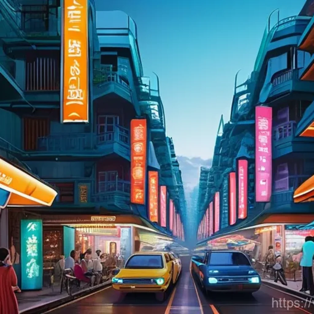 디지털아트에서 원근법 적용하기 - **Prompt for one-point perspective:**
    "A bustling, futuristic street in a major Vietnamese city ...