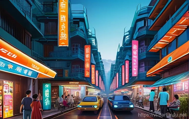 디지털아트에서 원근법 적용하기 - **Prompt for one-point perspective:**
    "A bustling, futuristic street in a major Vietnamese city ...