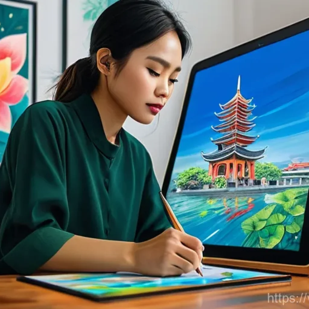 디지털아트 글로벌 마켓 트렌드 분석 - A young Vietnamese female artist, elegantly dressed in modern casual wear (wearing a modest top and ...