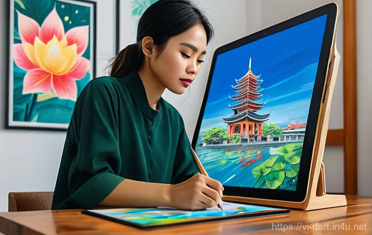 디지털아트 글로벌 마켓 트렌드 분석 - A young Vietnamese female artist, elegantly dressed in modern casual wear (wearing a modest top and ...