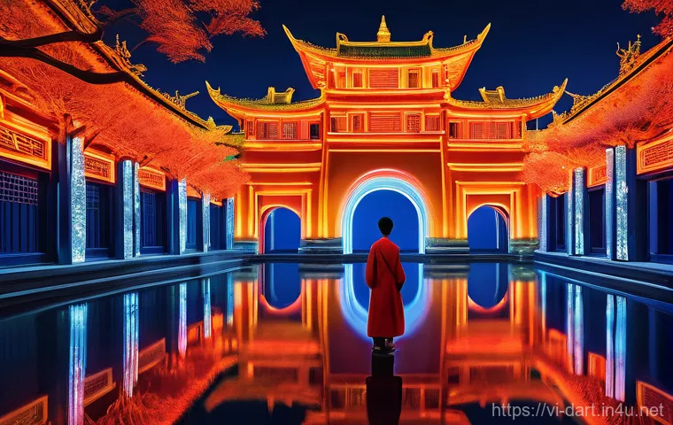 디지털아트 전시회 기획법 - **Prompt:** A breathtaking digital art exhibition set within an imagined, futuristic version of anci...