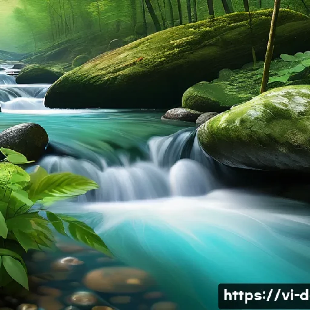 디지털아트 물 표현하는 방법 - A serene digital painting of a gentle forest stream in soft daylight, showcasing translucent water f...
