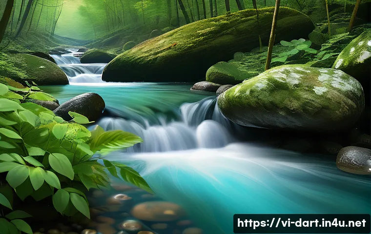 디지털아트 물 표현하는 방법 - A serene digital painting of a gentle forest stream in soft daylight, showcasing translucent water f...