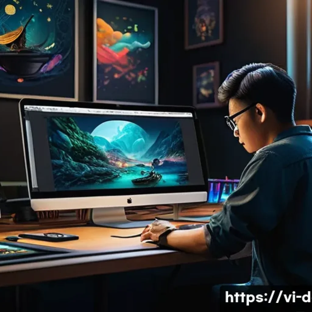 디지털아트 영화 컨셉아트 제작 - A detailed digital concept art of a Vietnamese film production studio workspace featuring artists wo...
