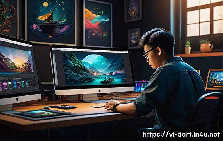 디지털아트 영화 컨셉아트 제작 - A detailed digital concept art of a Vietnamese film production studio workspace featuring artists wo...