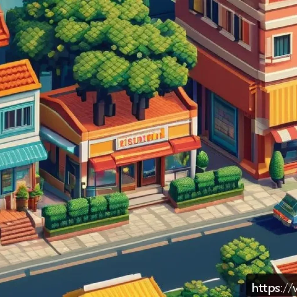 디지털아트 픽셀 아트 vs 벡터 아트 - A charming pixel art scene depicting a nostalgic 1980s-style indie video game town, featuring square...