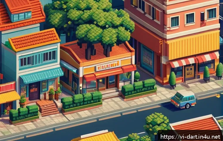 디지털아트 픽셀 아트 vs 벡터 아트 - A charming pixel art scene depicting a nostalgic 1980s-style indie video game town, featuring square...