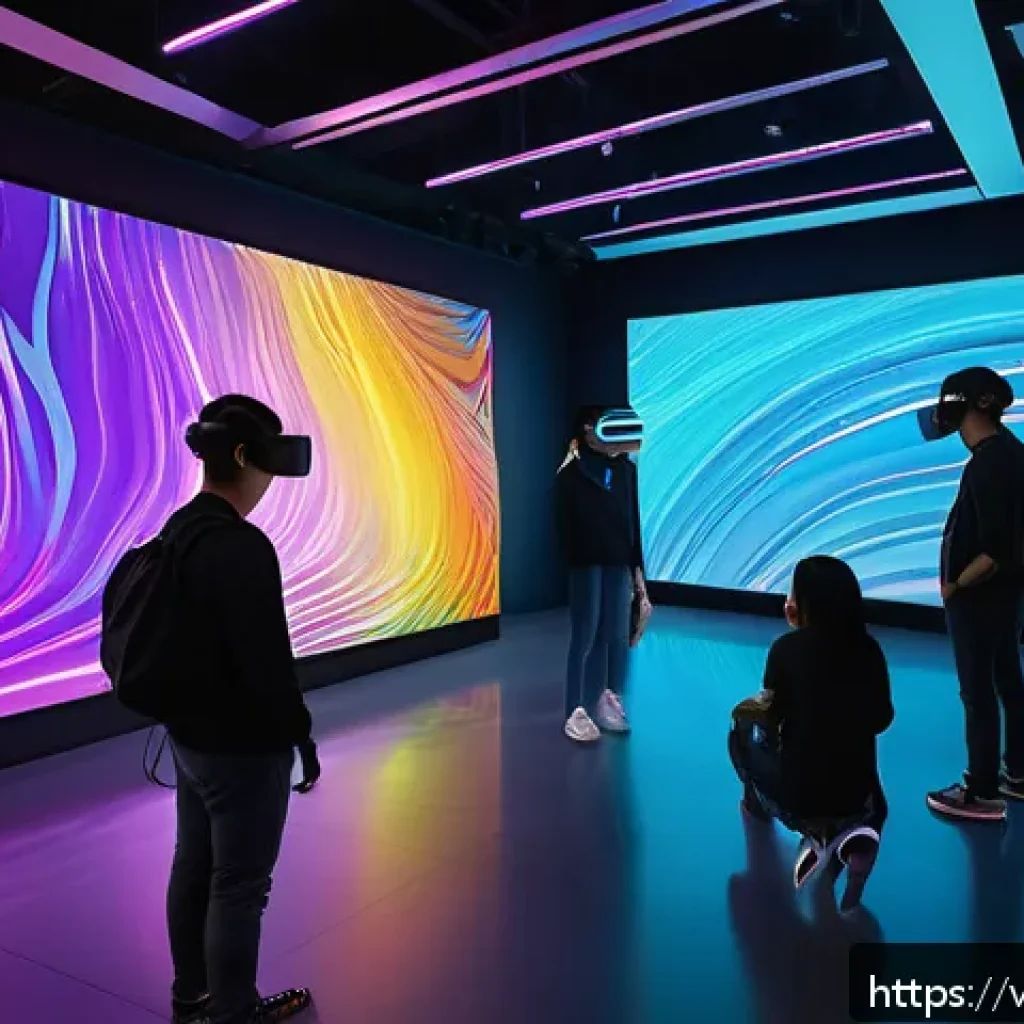 디지털아트 공모전 수상작 분석 - A futuristic digital art gallery interior showcasing an immersive VR experience where visitors, wear...