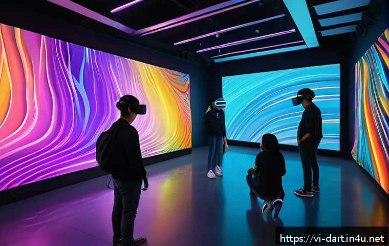디지털아트 공모전 수상작 분석 - A futuristic digital art gallery interior showcasing an immersive VR experience where visitors, wear...