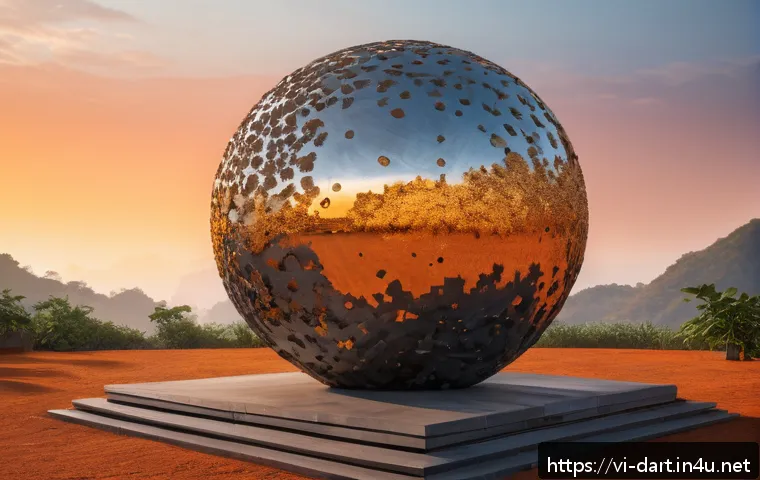 디지털아트 질감 표현 기법 - A hyper-realistic digital painting of a metallic sculpture under warm orange sunrise light, showcasi...