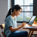 Home 18 디지털아트 강의 제작 가이드 - A young Vietnamese digital artist sitting comfortably in a modern home studio with an iPad and Apple...