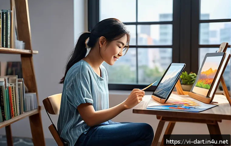 디지털아트 강의 제작 가이드 - A young Vietnamese digital artist sitting comfortably in a modern home studio with an iPad and Apple...