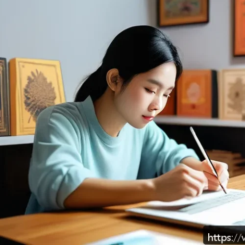 Home 17 디지털아트 유튜브 채널 운영 - A cozy digital art studio scene featuring a young Vietnamese digital artist working on a pastel-colo...