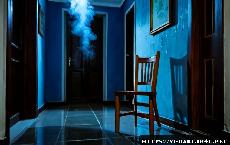Home 17 디지털아트 공포 분위기 연출법 - Photorealistic cinematic horror scene in a modest Vietnamese apartment at night, an empty wooden cha...